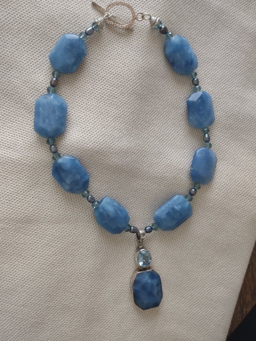 Vintage handmade blue agate pearl quartz necklace with sterling silver accents